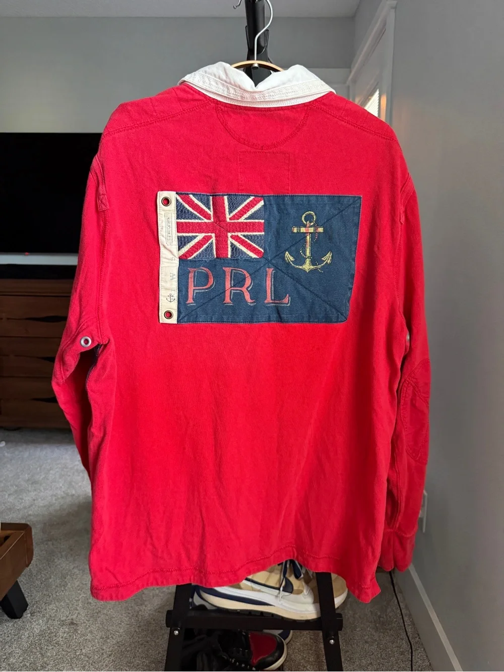 Polo by Ralph Lauren Red & Navy Cross-Panel Rugby Shirt with White Collar